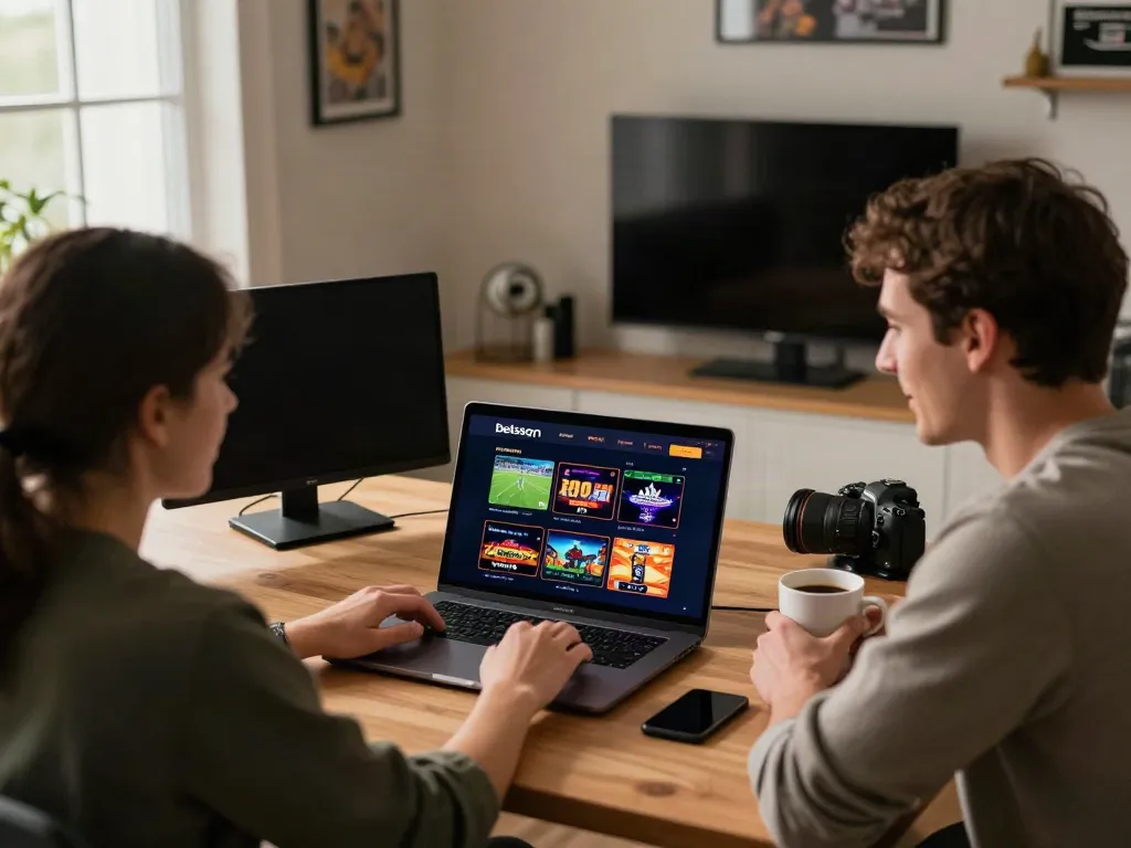 Engaged user exploring various games on the Betsson platform at www.operatoriu-apzvalgos.lt in a cozy home office.