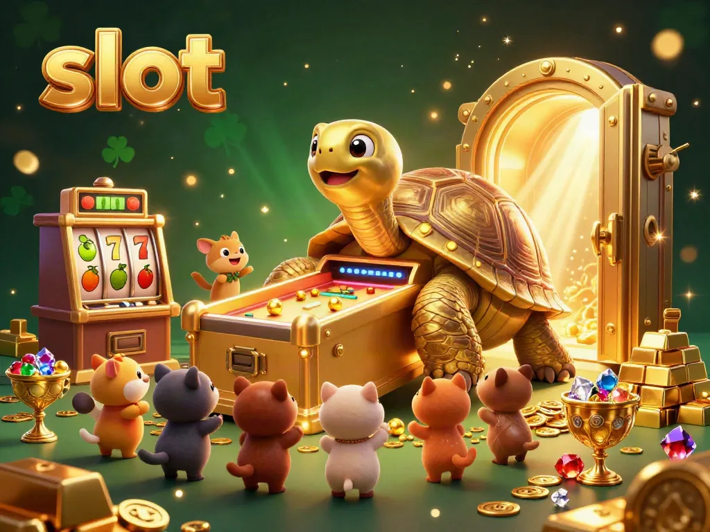 Engage with the excitement of a slot gaming scene featuring a colossal tortoise pinball machine illuminating joy and fortune.