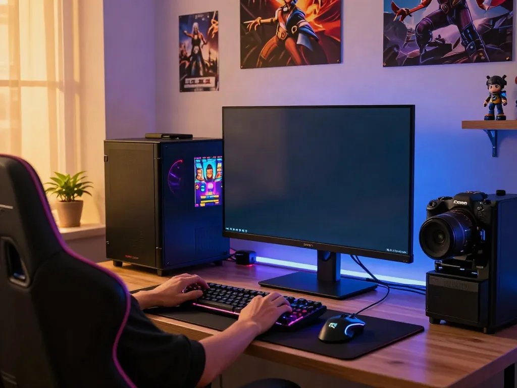Intense gaming setup featuring akunjp slot game on screen with RGB lighting.