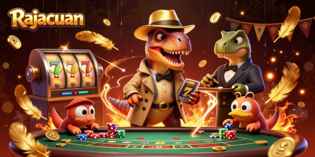 Experience Rajacuan excitement with a velociraptor and stegosaurus in a dynamic casino scene.
