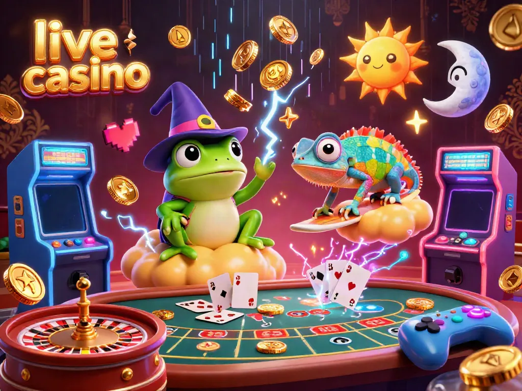 Permainan live casino dengan karakter si katak penyihir dan chameleon pelangi menciptakan suasana interaktif.