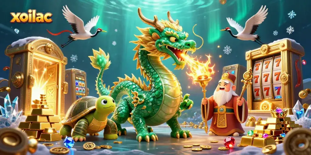 Experience the thrill of xoilac gaming with a vibrant scene featuring a jade dragon, treasure, and lucky symbols.