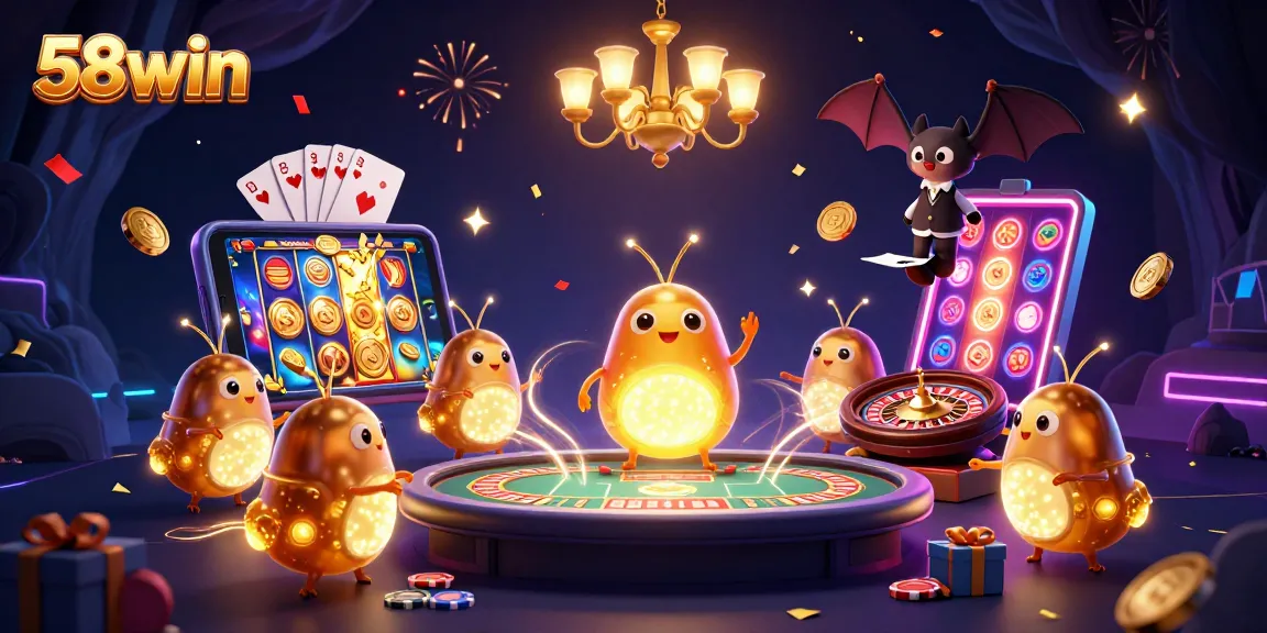 Experience excitement with 58win's vibrant casino scene illuminated by bioluminescent glowworms and dynamic game effects.