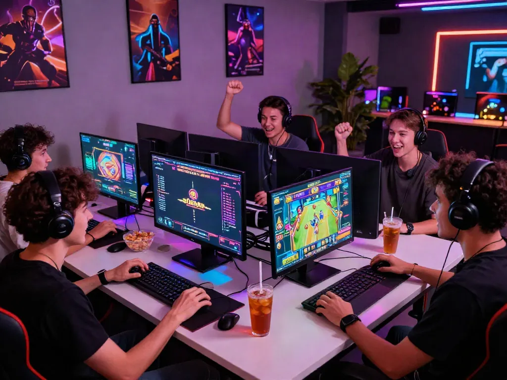 Friends enjoying an exciting slot gacor game in a vibrant gaming lounge