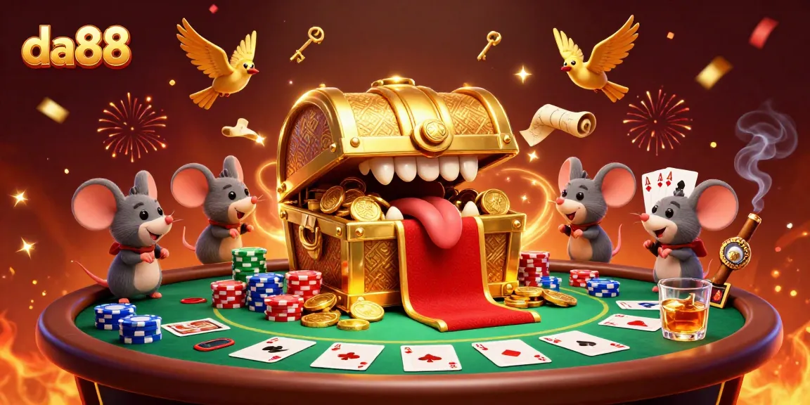 Join the excitement at da88 with colorful poker chips and a thrilling golden treasure chest scene.