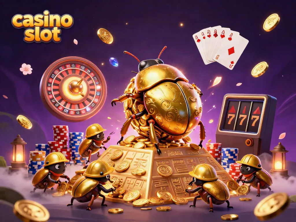 Experience thrilling casino slot action as a golden beetle rolls coins amidst dynamic games and sparkling elements.