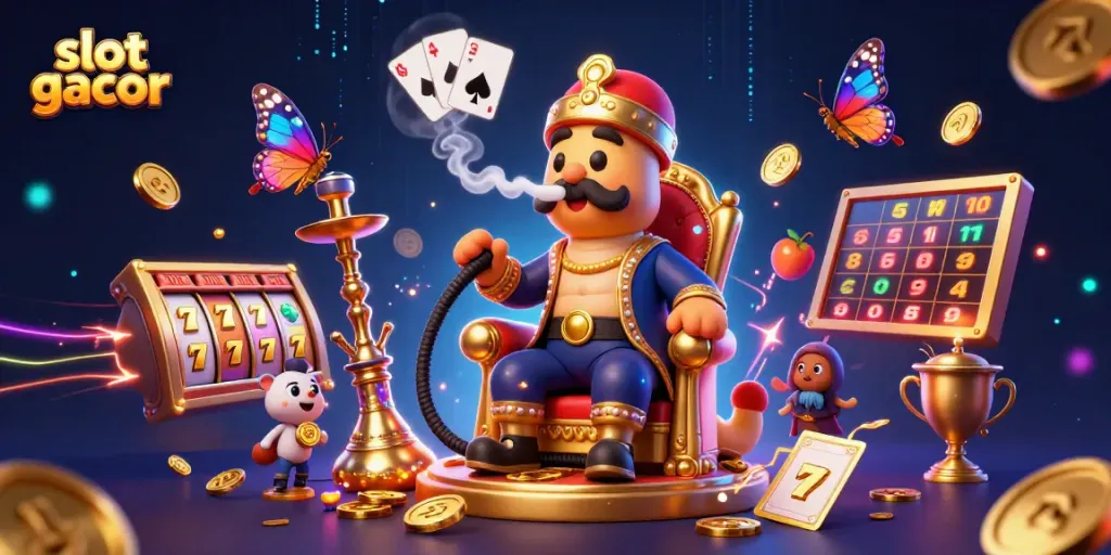 Engage with slot gacor theme in a vibrant 3D casino scene with dynamic characters and symbols.
