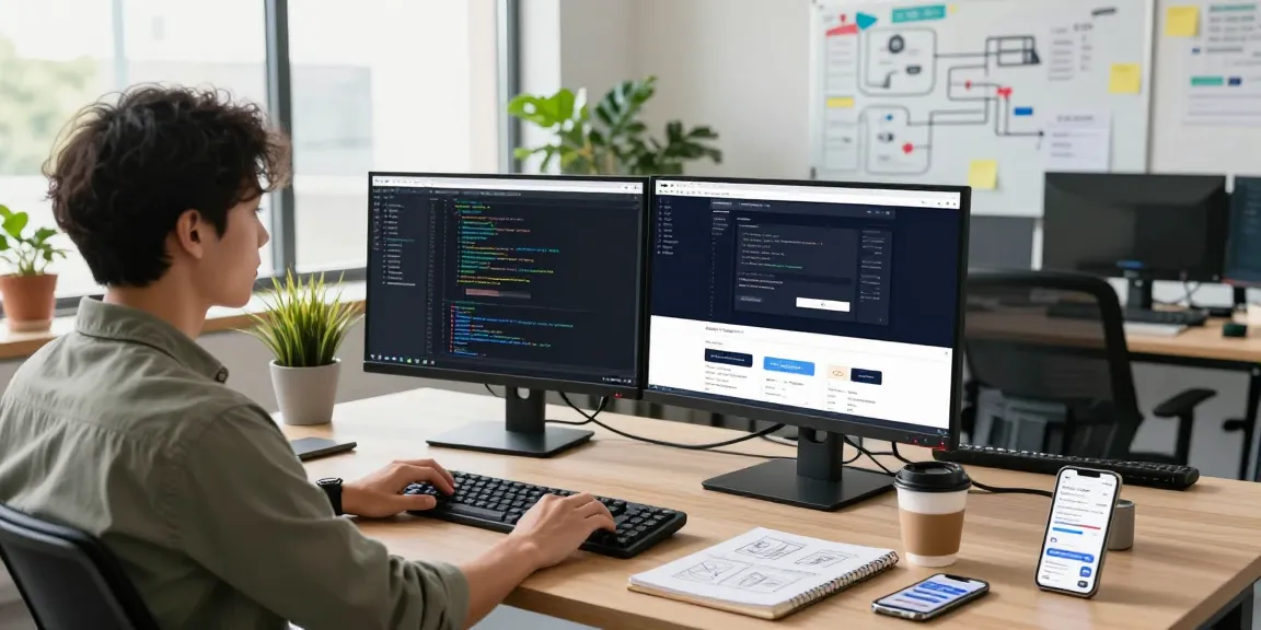 Website developer near me hard at work on dual monitors in a modern office setting, showcasing tech creativity and collaboration.