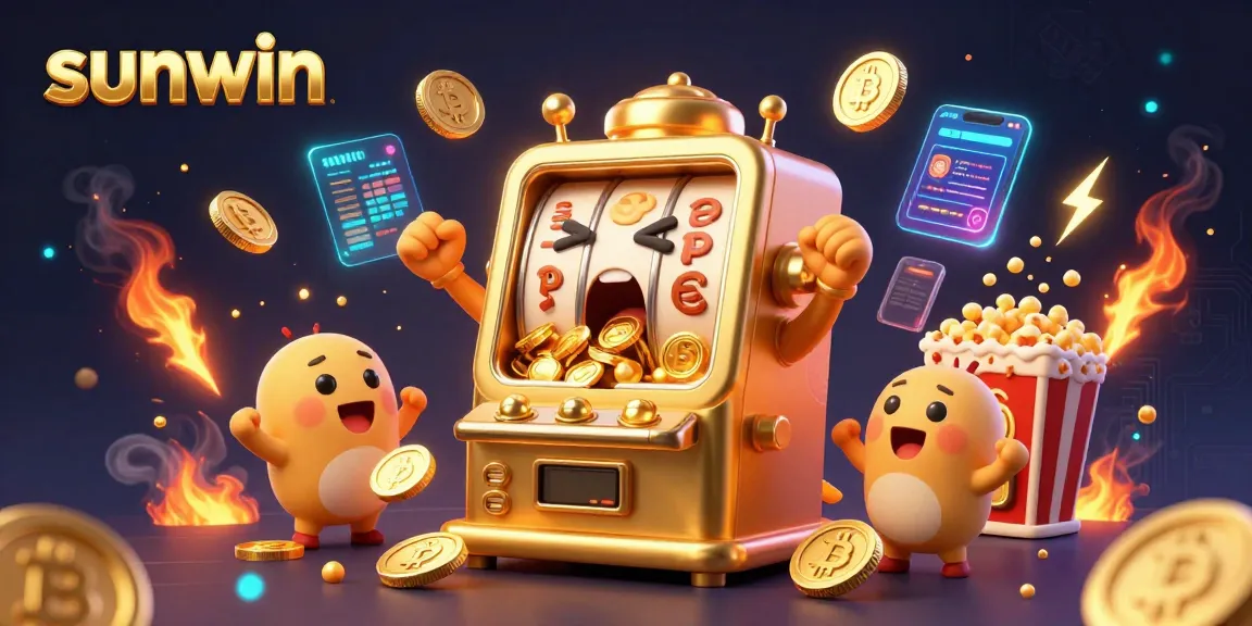 Cheerful slot machines celebrate as sunwin dazzles with a jackpot, surrounded by glowing coins.