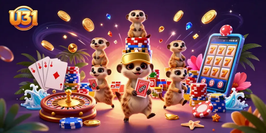 Experience the excitement of U31 with meerkats operating a casino amidst cascading golden coins and vibrant gaming elements.