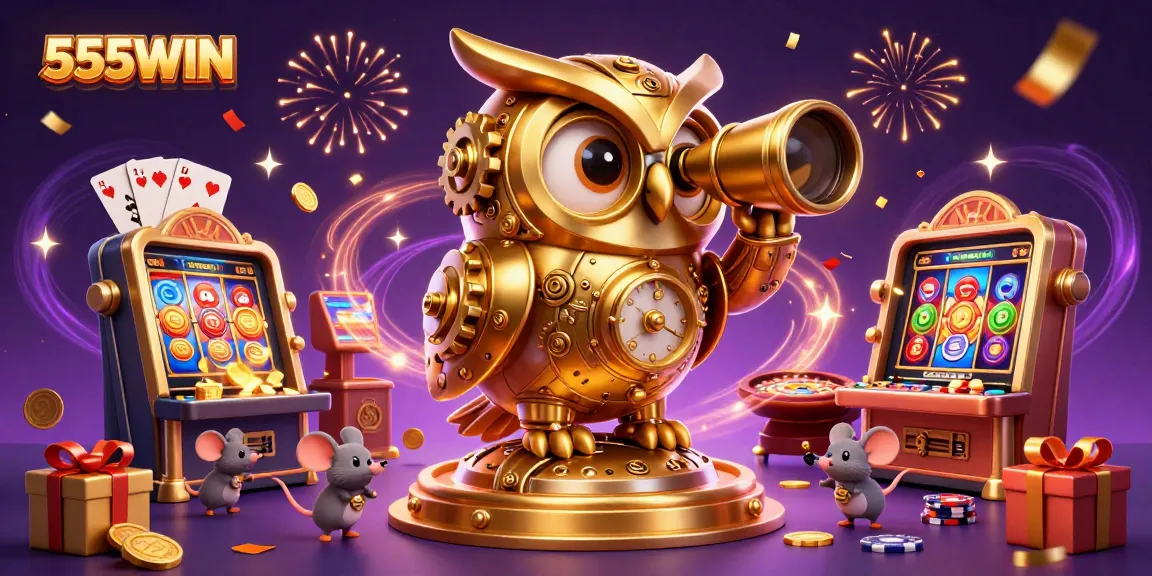 Spin and win at 555WIN with a vibrant casino scene featuring dynamic slot machines and lively characters.