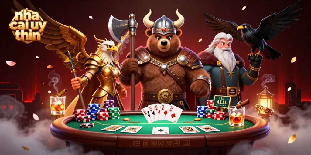 Engage with the celebrated nha cai uy tin in this dynamic poker scene, featuring iconic characters and rich casino elements.