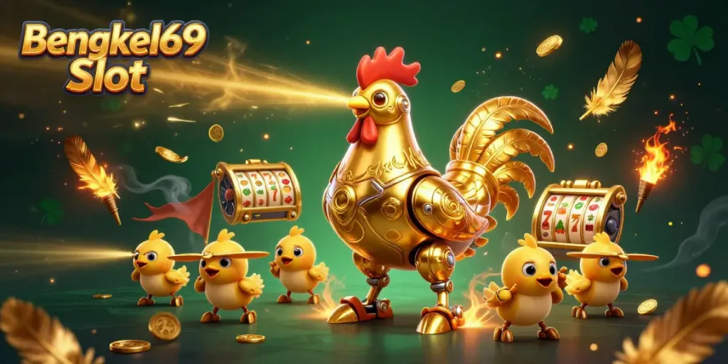 Engage with the captivating world of Bengkel69 Slot featuring a golden rooster robot and baby chick drones amidst vibrant gaming elements.