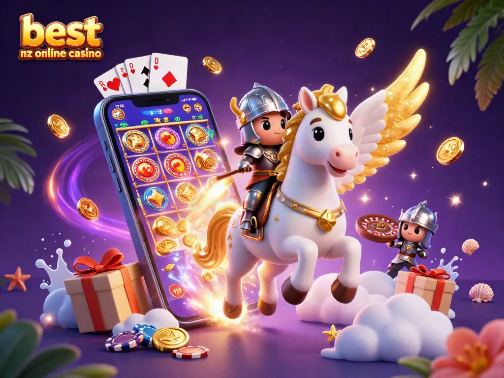 Experience the thrill at the best nz online casino with a magical horse and knight amidst colorful gaming visuals.