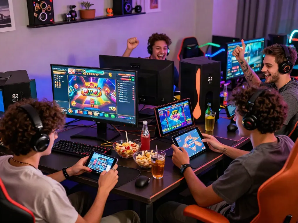 Friends enjoying slot777 online games in exciting gaming setup