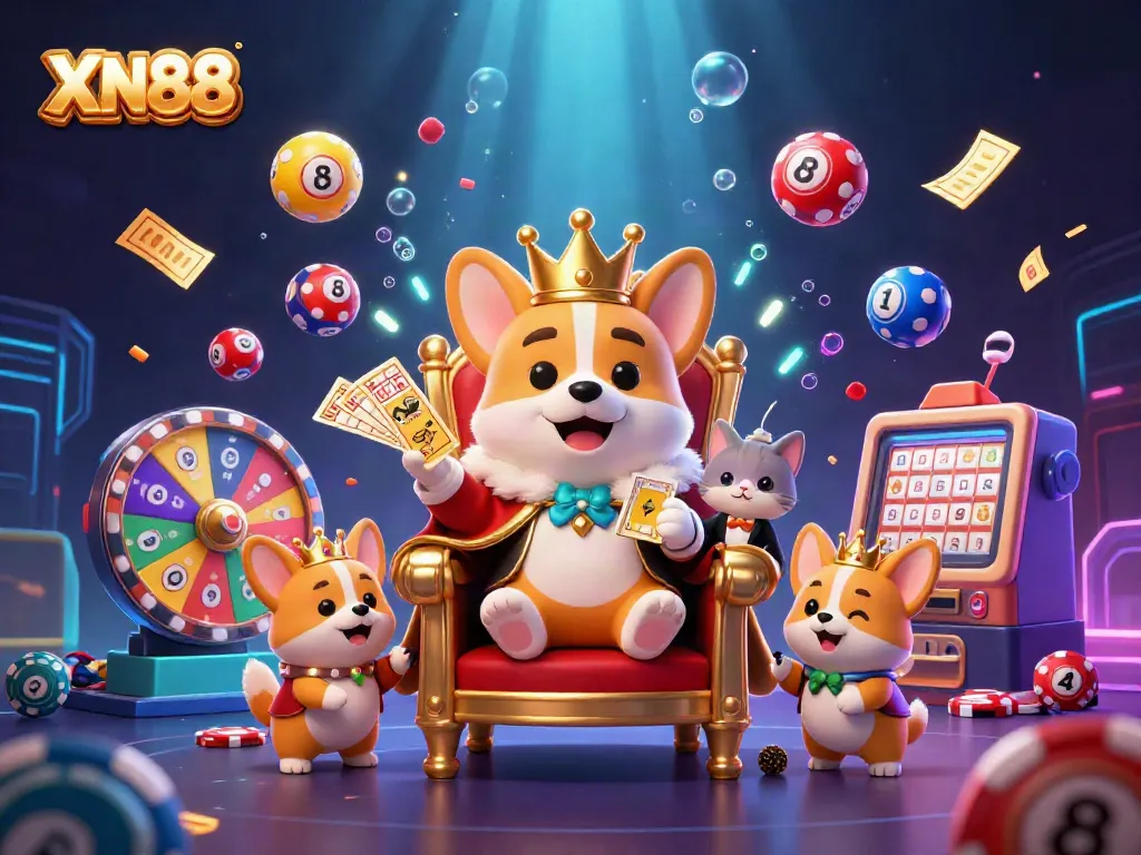 Experience the excitement of XN88 with a royal corgi amidst vibrant lottery elements and casino glitz.