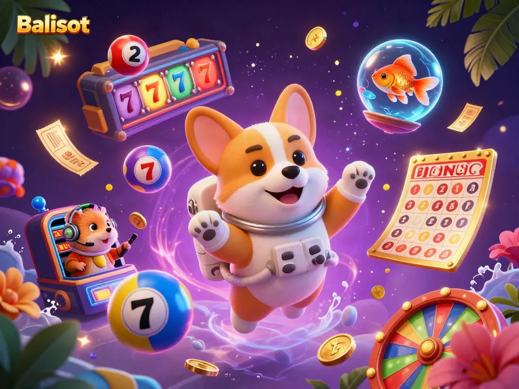 Balislot's vibrant 3D casino scene captures a playful astronaut corgi against a backdrop of floating lottery balls and cash.