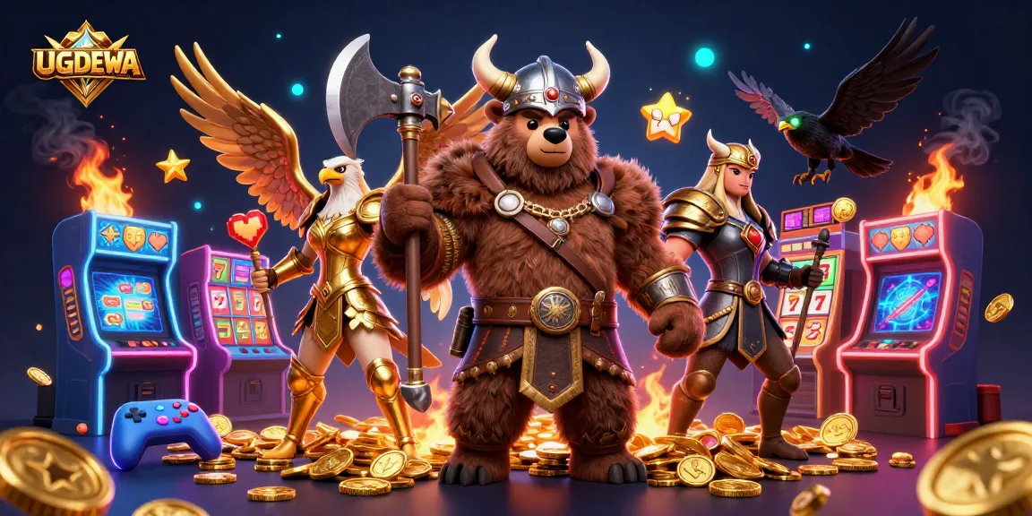 Experience the excitement of UGDEWA with colorful slot reels and 3D characters in a rich gaming scene.