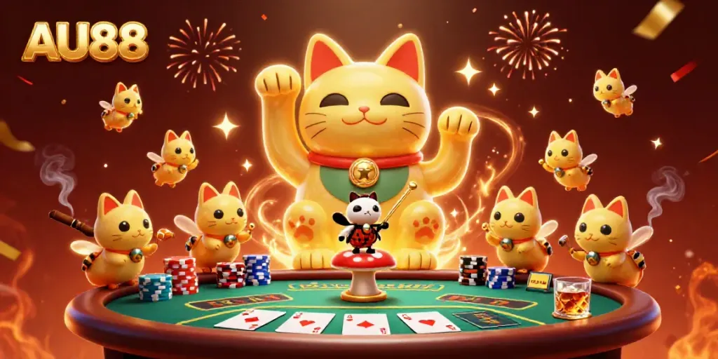 Engage with AU88's vibrant casino experience featuring a giant lucky cat and poker elements.