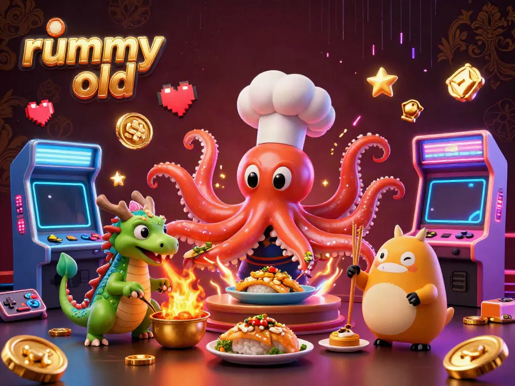 Permainan rummy old yang menampilkan karakter kartun, mesin arcade berwarna-warni, dan suasana kasino
