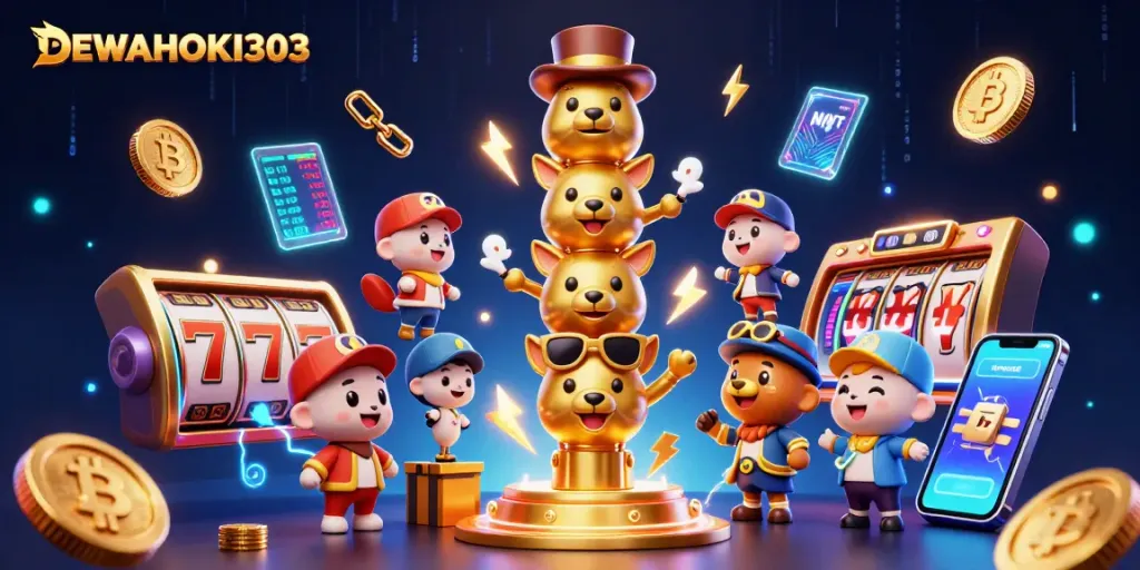 Permainan slot online DEWAHOKI303 dengan totem emas dan simbol keberuntungan di sekitar.