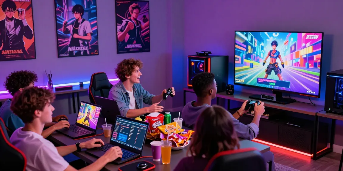 Friends enjoying an android hentai game night with snacks and gaming gear in a vibrant room.