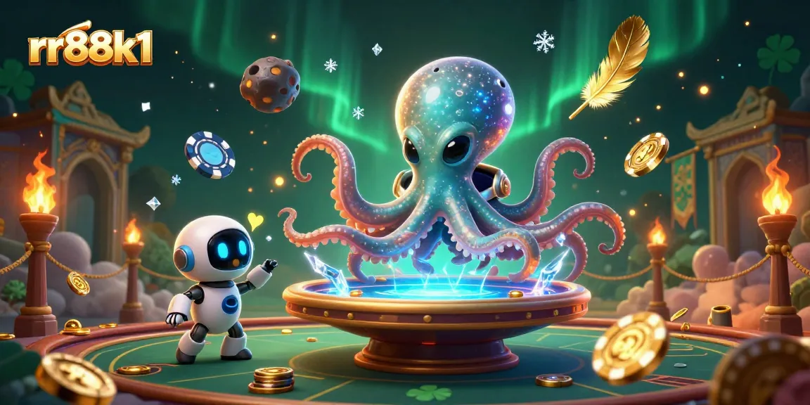 Experience excitement at rr88k1 with this vibrant 3D casino scene featuring an alien octopus and holographic poker table.