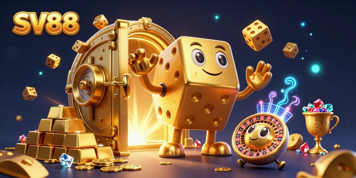 Engage with intense gaming action at SV88 as golden dice and treasures burst from a dynamic illustration.