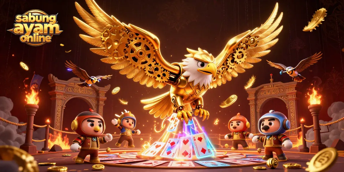 Engage in sabung ayam online with dynamic 3D illustration of a cybernetic eagle amidst holographic cards.