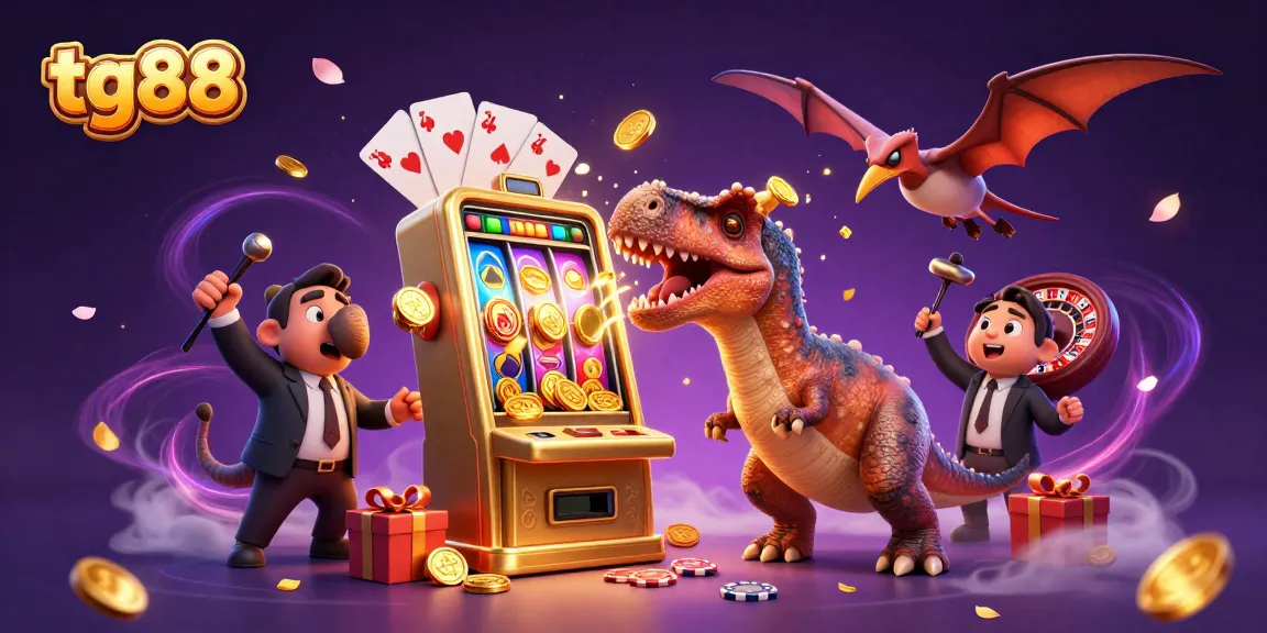 tg88 showcases a cartoon pachycephalosaurus hitting a slot machine for a jackpot in a vibrant casino scene.
