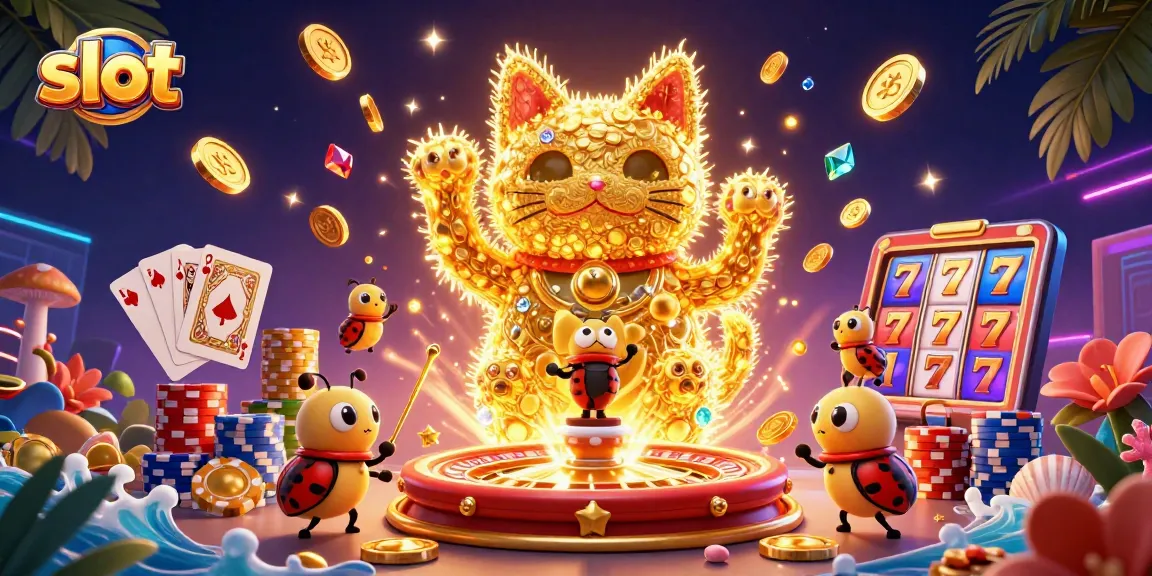 Spin the slot reels with a whimsical giant lucky cat shaped from golden fireflies, capturing casino excitement.