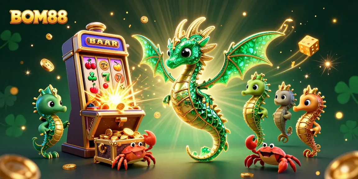 Experience exciting winning moments at BOM88 with a 3D dragon and vibrant casino elements.