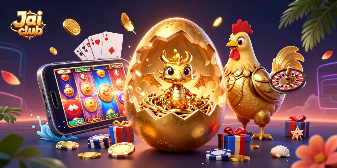 Experience thrilling gameplay with Jai club's golden dragon guarding a poker chip nest, surrounded by casino elements.