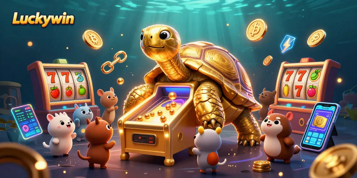 Experience the thrill of Luckywin with this vibrant casino illustration featuring a pinball tortoise, slot elements, and colorful critters.