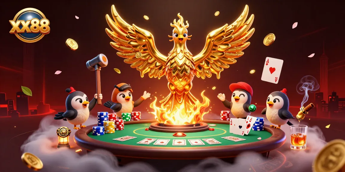 Experience the thrill of xx88 with golden phoenix, poker chips, and casino action in a vibrant scene.