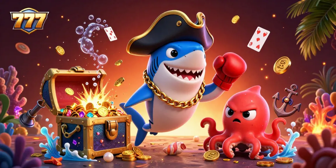Experience thrilling wins with our 777-themed casino scene featuring vibrant shark, pufferfish, and octopus characters.