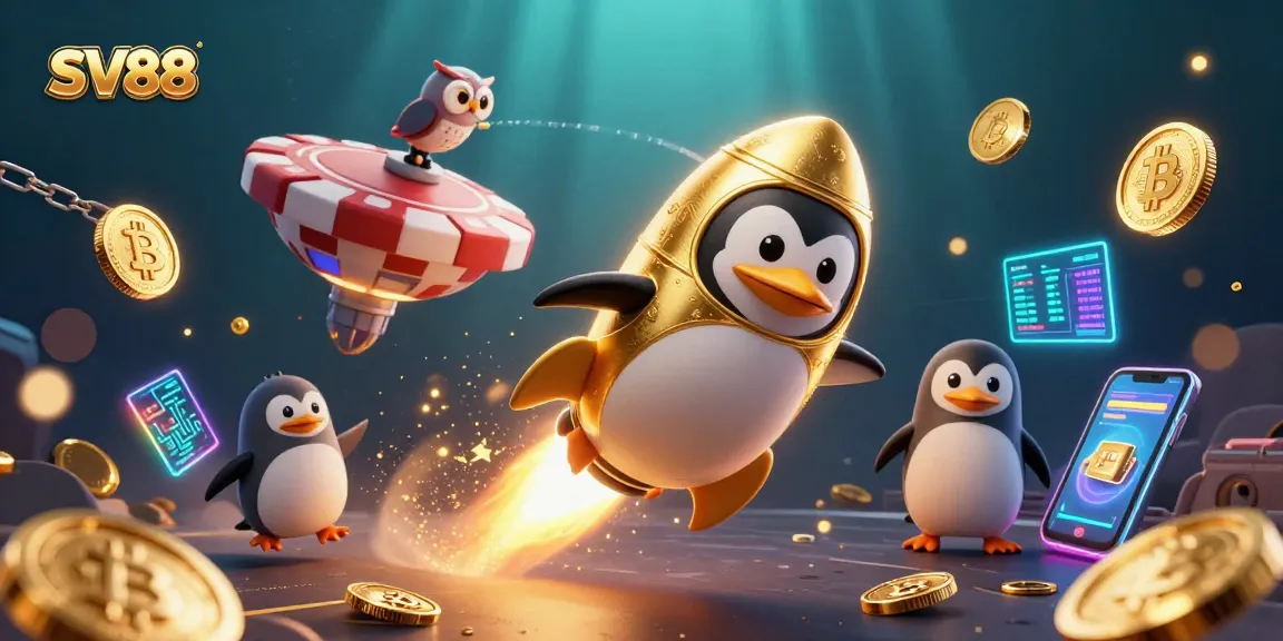Experience exciting gameplay at SV88 with a golden penguin navigating a dynamic casino-themed space.