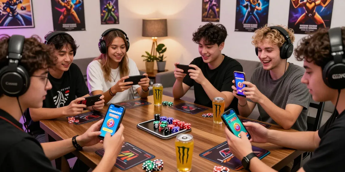 Group enjoying a Cash winning game on smartphones in a lively gaming environment.