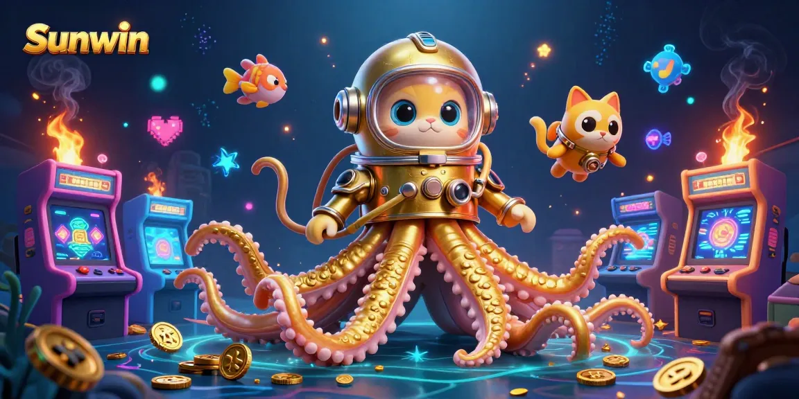 Sunwin introduces an engaging casino experience featuring vibrant gaming elements, kraken, and diving cat.