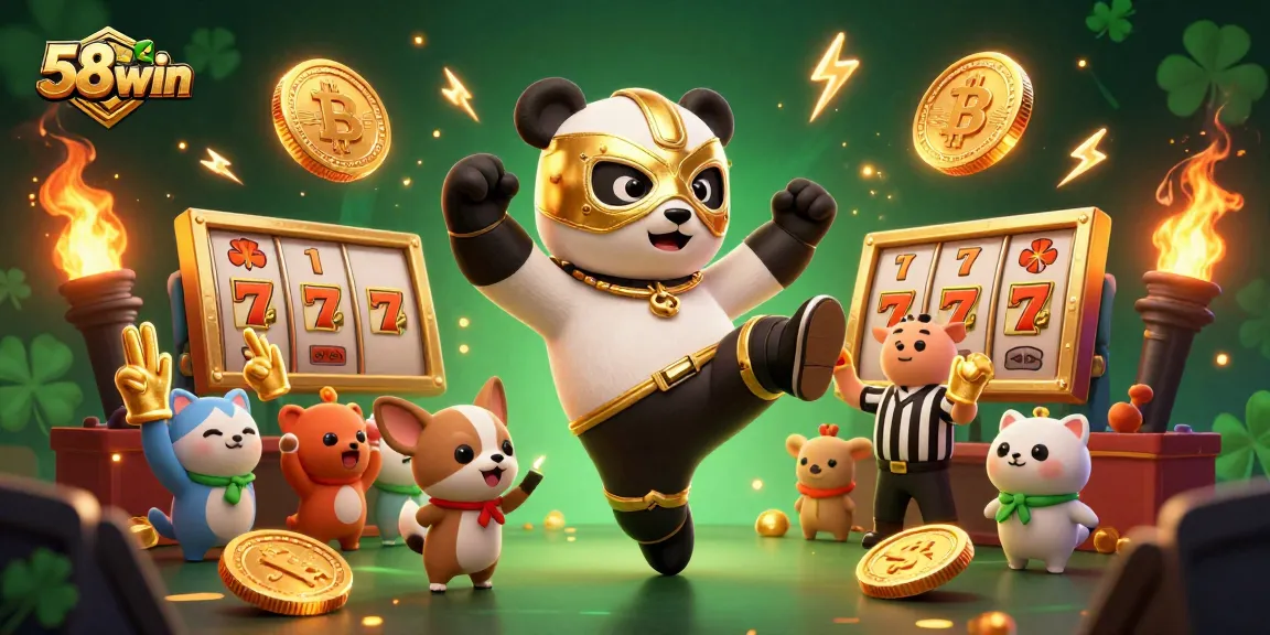 Experience thrilling jackpots with 58win's panda character taking a flying kick amid vibrant slot game elements.