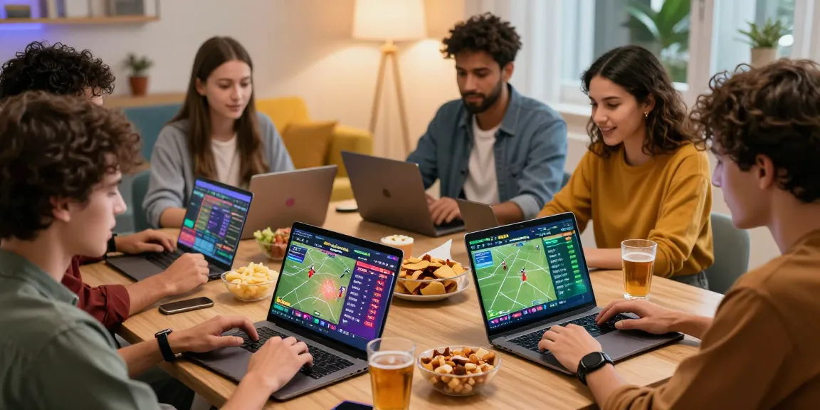 Group enjoying sports betting with bandarbola855 on laptops and smartphones in a lively setting.