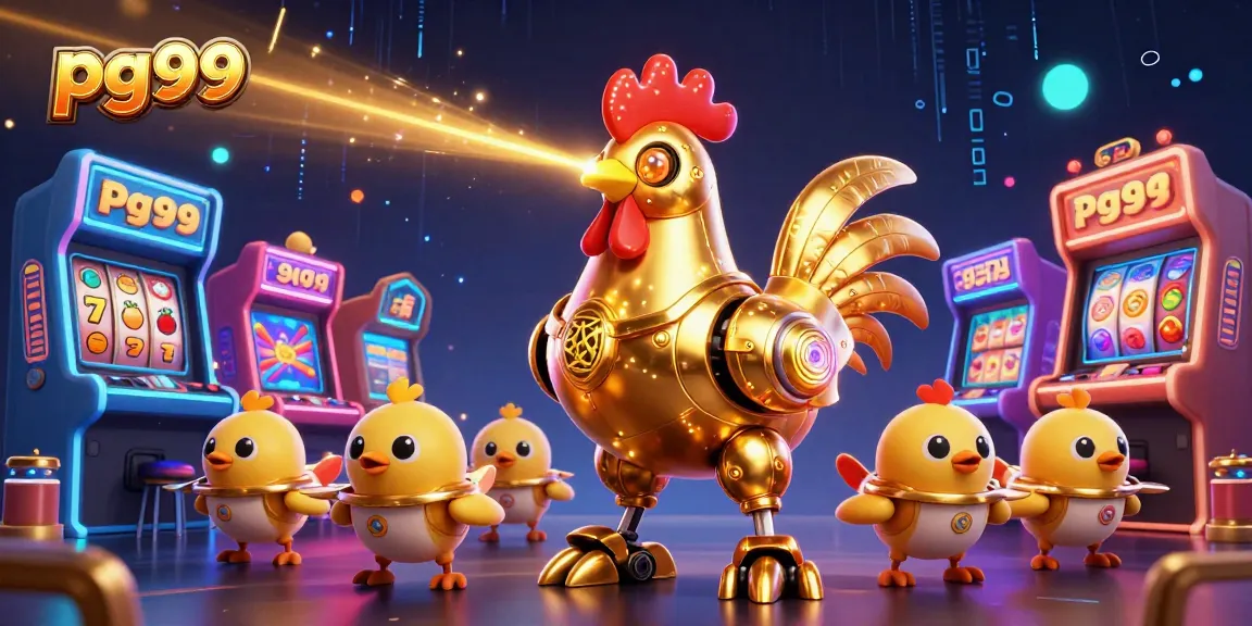 Engage with pg99's dazzling slot experience featuring a futuristic golden rooster robot.