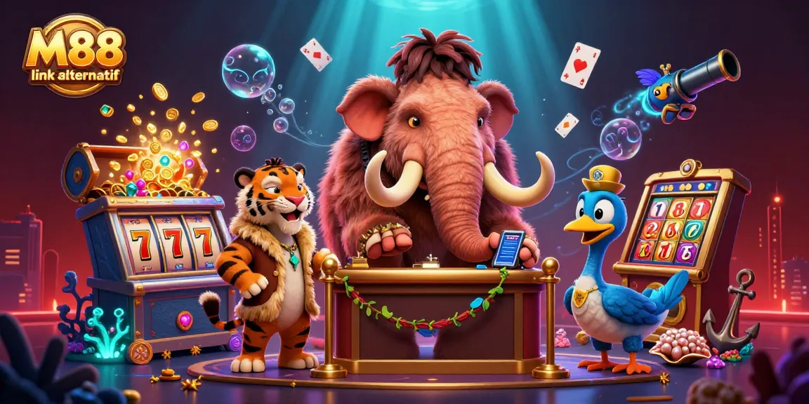 Ilustrasi M88 link alternatif dengan bouncer mamut yang memeriksa ID, dodo sebagai petugas, dan elemen kasino berkilau.
