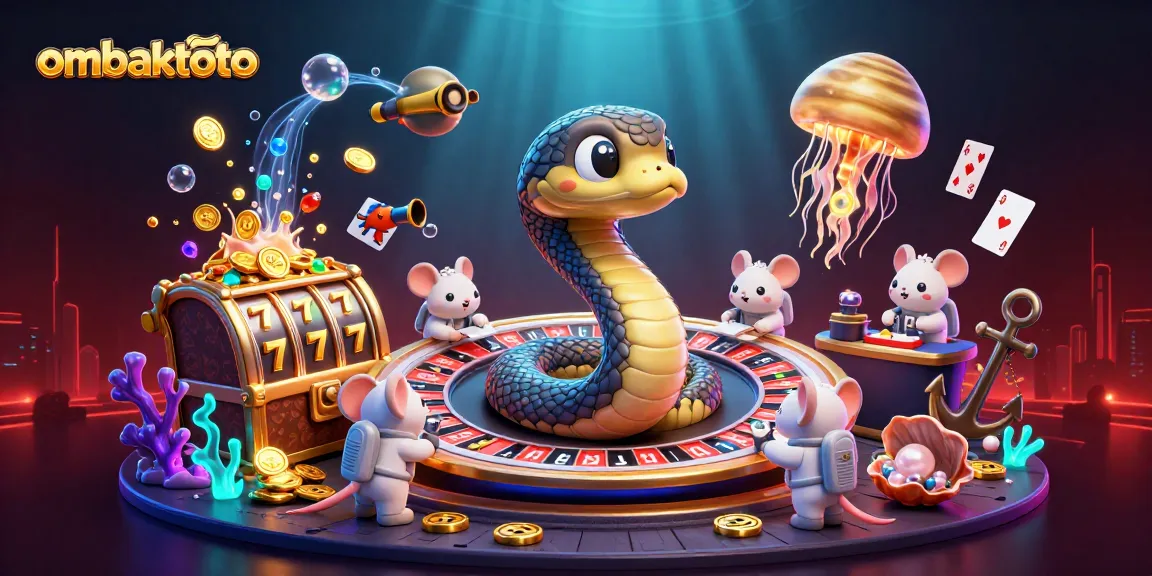 Ombaktoto casino scene with snake roulette wheel and astronaut mice placing bets