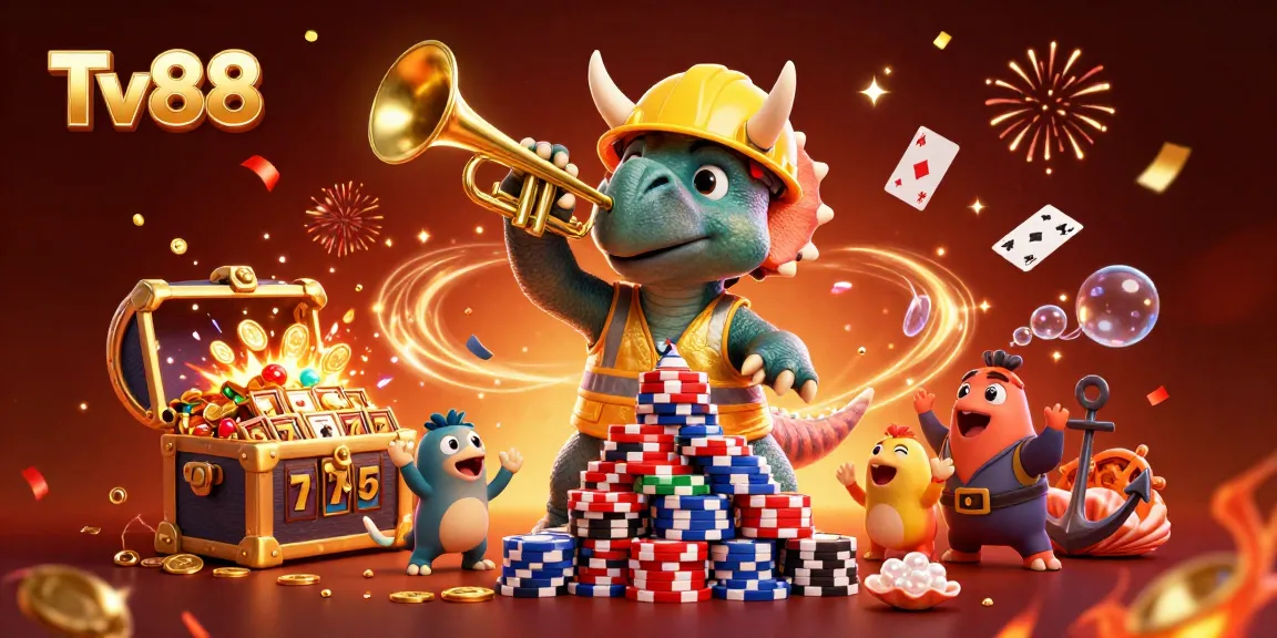 Experience the thrilling action at Tv88 with a festive casino scene featuring dinosaurs and slots.