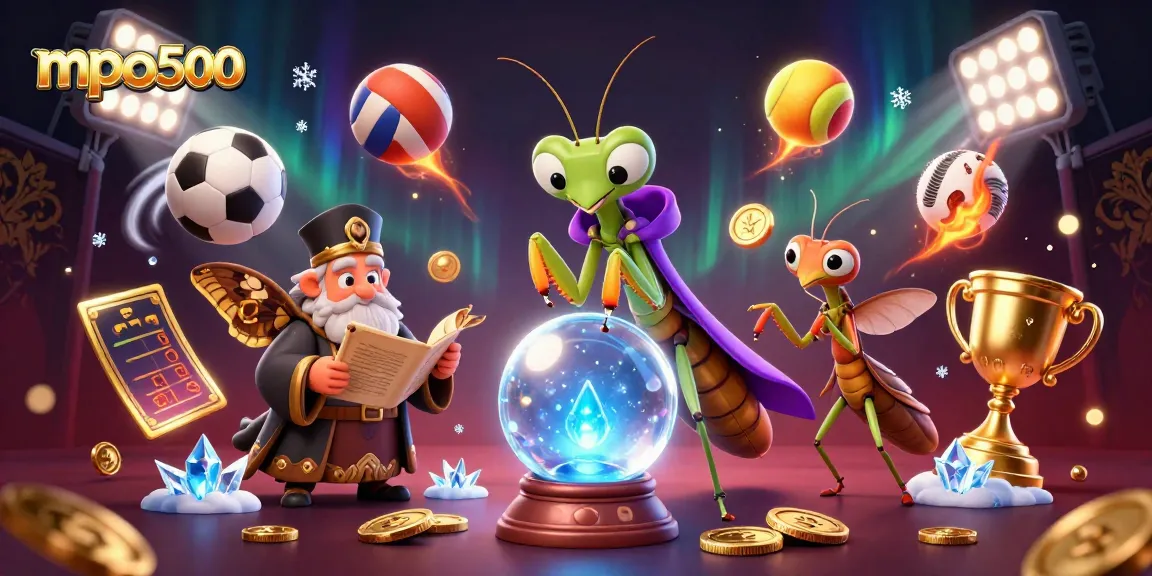 Bet on mpo500 with a mystical scene featuring a fortune teller and sports elements for winning strategies.