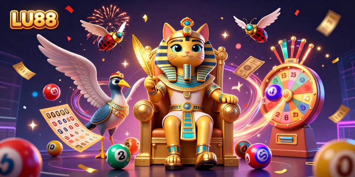 Engage with LU88’s vibrant gaming experience through a colorful 3D illustration of dynamic online gambling elements.