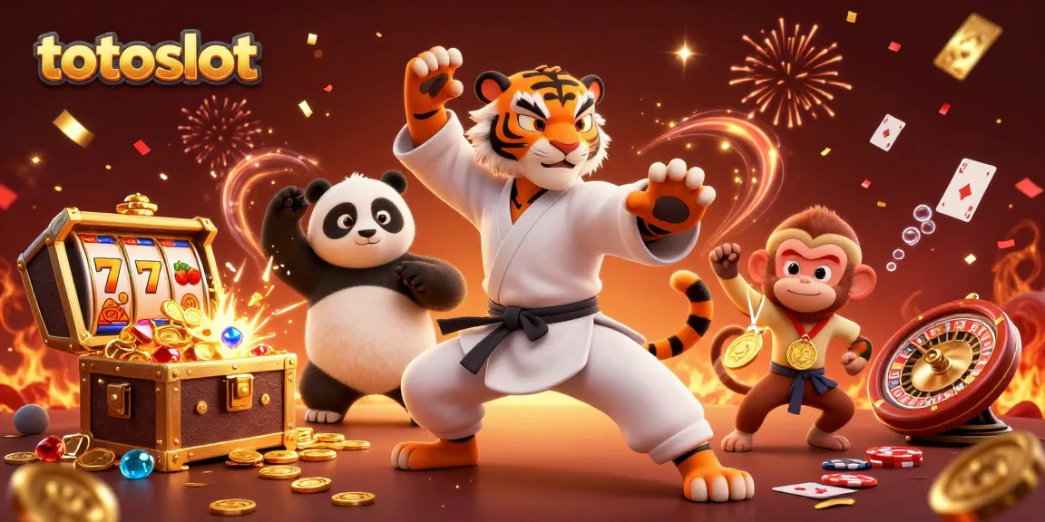 Experience the thrill of totoslot with a kung fu tiger and playful card elements in an exciting casino scene.