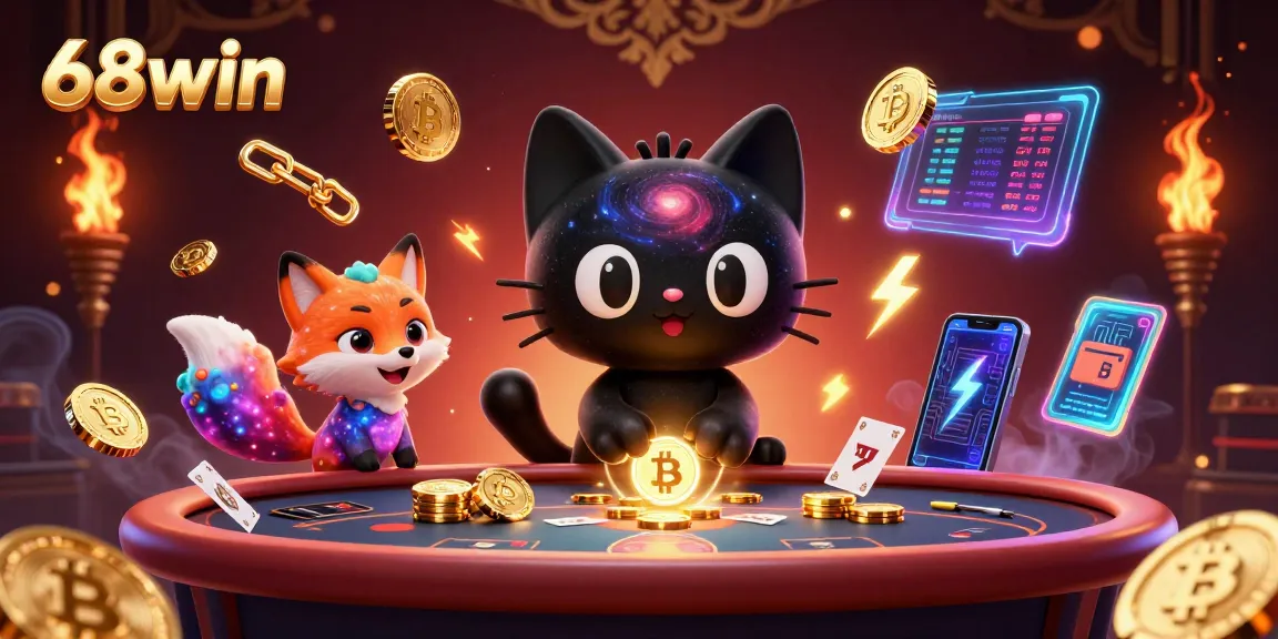 Engage with 68win at a cosmic casino featuring a black hole cat and colorful gas cloud fox