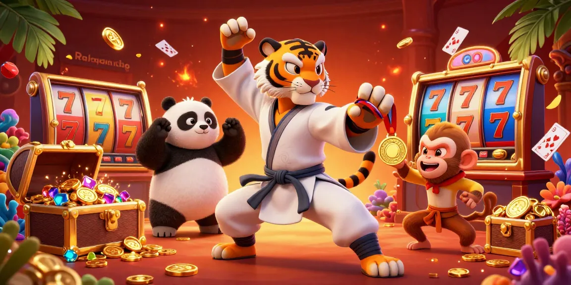 Spin to win with Raja game featuring a kung fu tiger and pandas celebrating in a vibrant 3D casino.